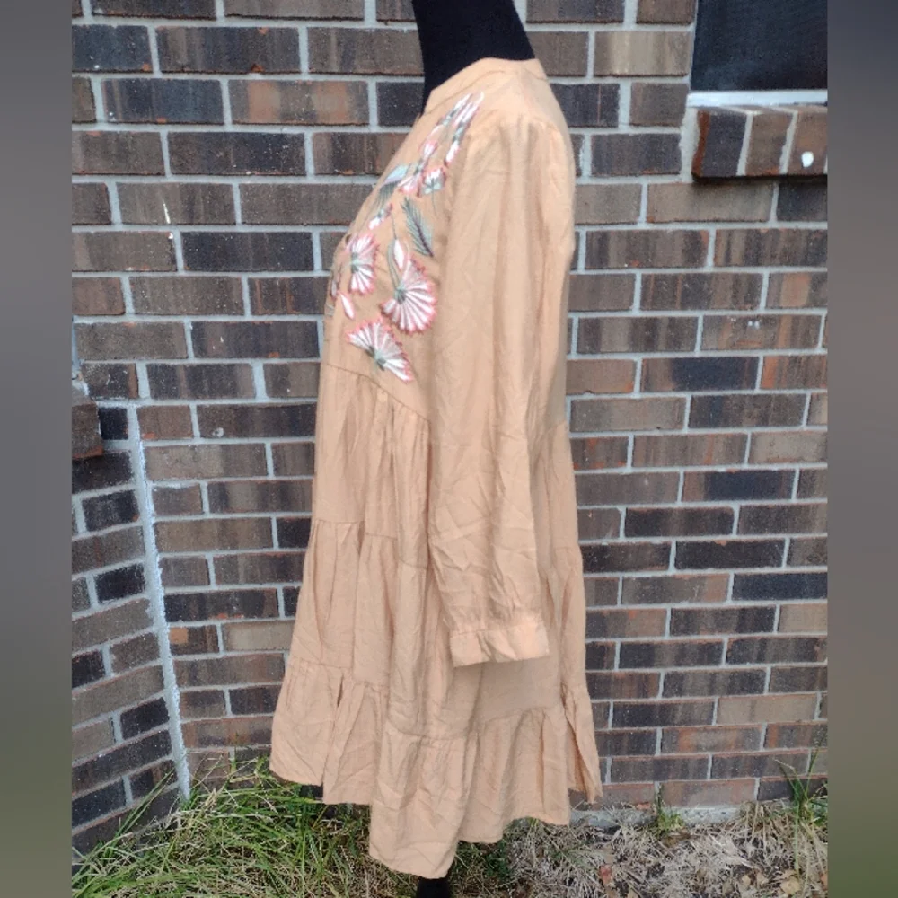 Entro Brown Embroidered Tiered Mini Dress Boho 3/4 Sleeve - Picture 5 of 9